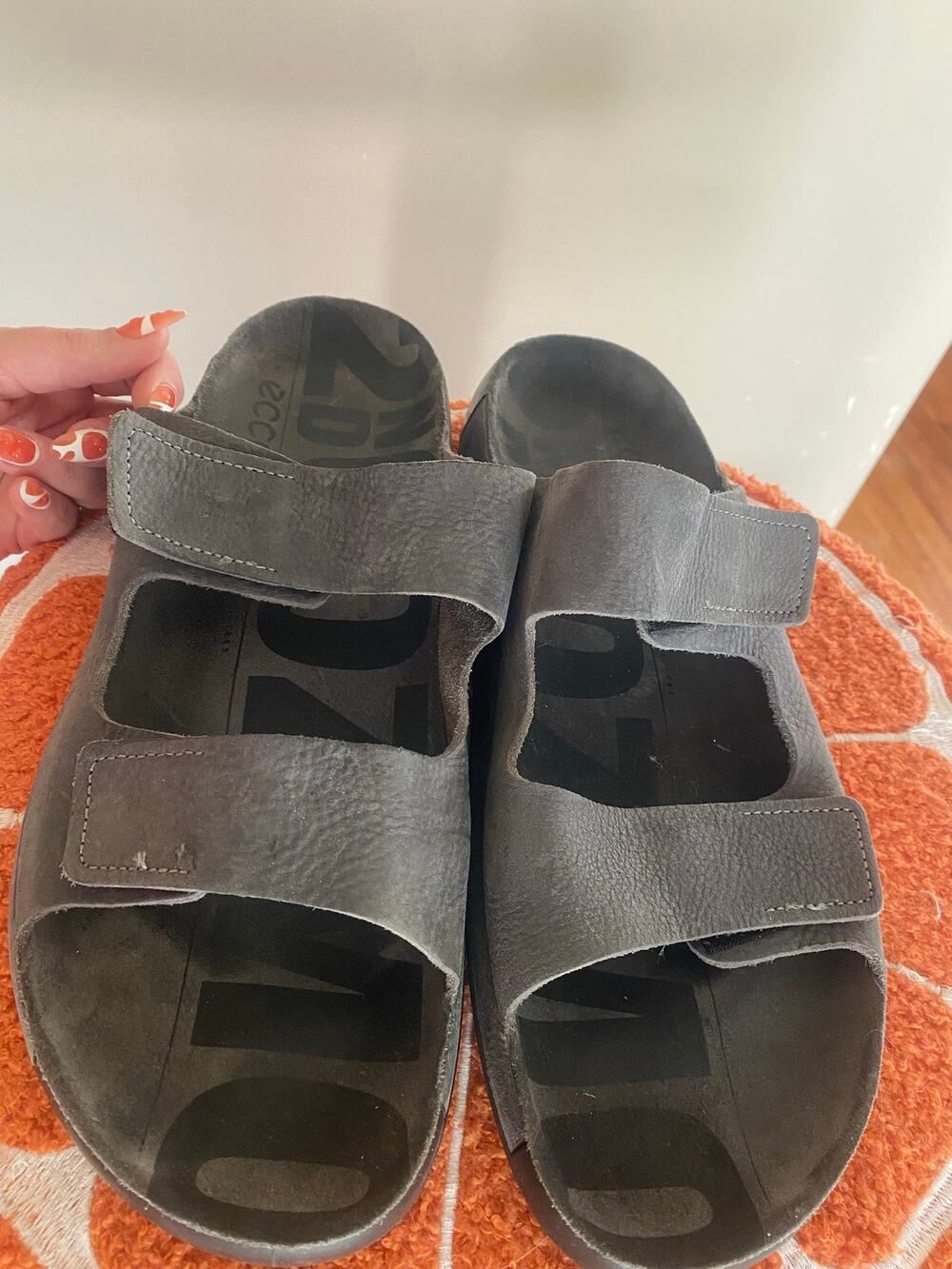 ECCO 2nd Cozmo Sandals Mens 45/ US 11-11.5 Gray Leather Slides Comfort Strap